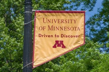 University of Minnesota Driven to Discover flag in tree line 